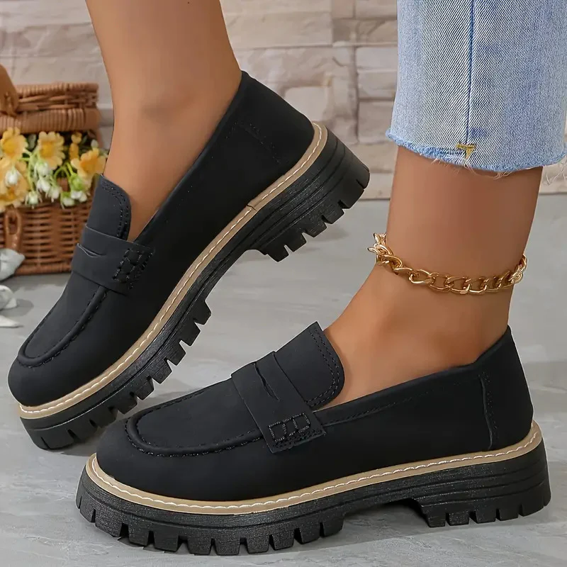 Women's Plus Size Casual Retro Suede Loafers with Chunky Heel Platform