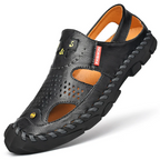 Flow Men’s Genuine Leather Summer Clogs – Breathable Closed-Toe Soft Sole Casual Beach Sandals