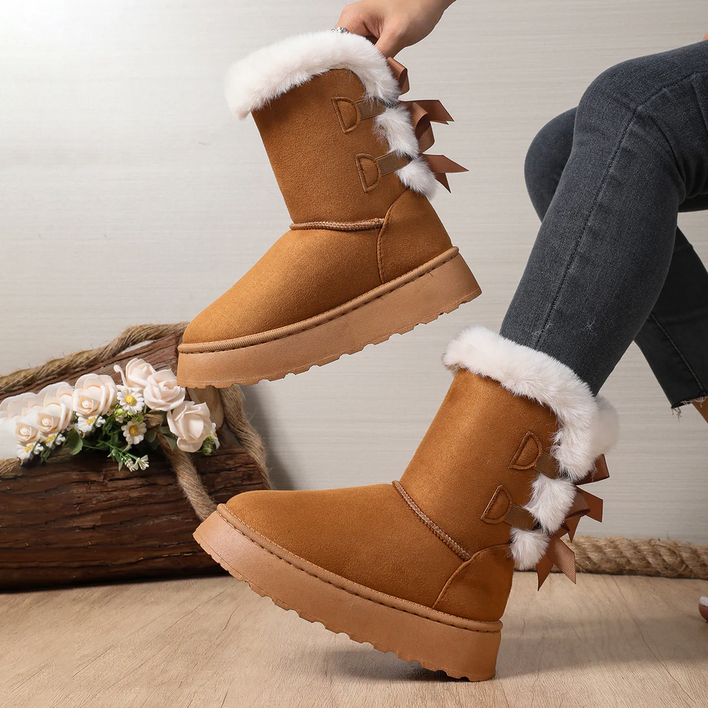 Women’s CozyBow Short Snow Boots – Fleece-Lined Warmth & Anti-Slip Platform